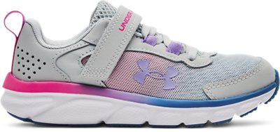 Under Armour Girls' Pre-School UA Assert 9 Alternate Closure Running Shoes Halo Gray/White/Vivid Lilac - 3024636-106