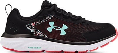 Under Armour Women's UA Charged Assert 9 Wide (D) Paint Splatter Running Shoes Black/White/Tile Blue - 3025417-001