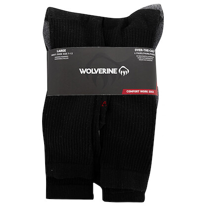 Wolverine Men's Cotton Comfort Over The Calf Sock 6 Pair Pack, Black, Men's Shoe Size 7-12