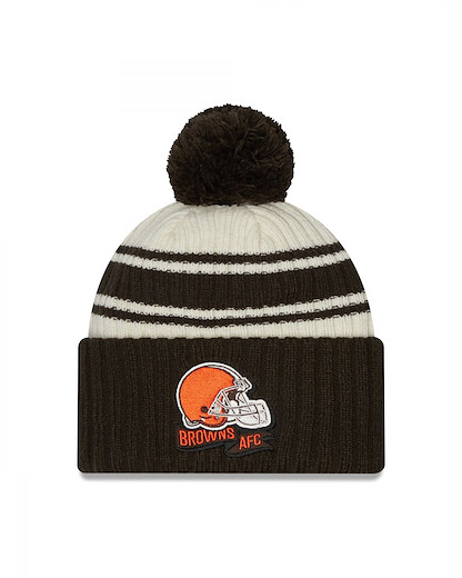 New Era Men's Cream/Brown Cleveland Browns 2022 Sideline Sport Cuffed Pom Knit Hat