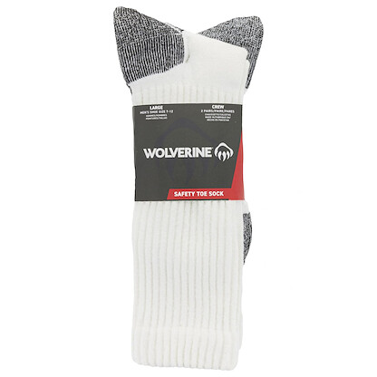 Wolverine Men's Safety Toe Crew 2 Pair Pack, White, Men's Shoe Size 7-12
