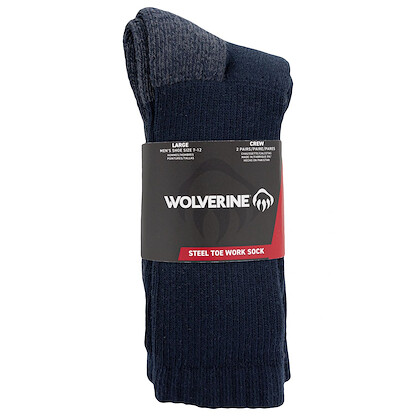 Wolverine Men's Steel Toe Cotton Crew 2 Pair Pack, Navy, Men's Shoe Size 7-12