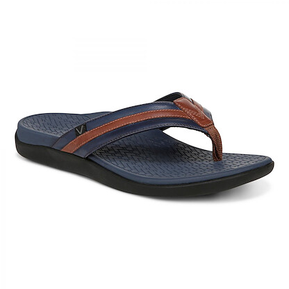 Vionic Men's Tide II Toe Post Sandal Navy/Brown Leather - I9342L2400